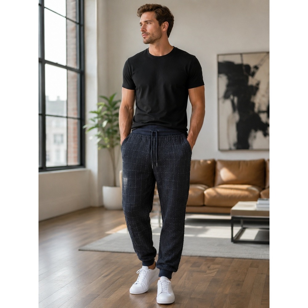 Mode of One Mens Regular Fit Tapered Leg Tweed‎ Jogger Pants Deep Black Medium